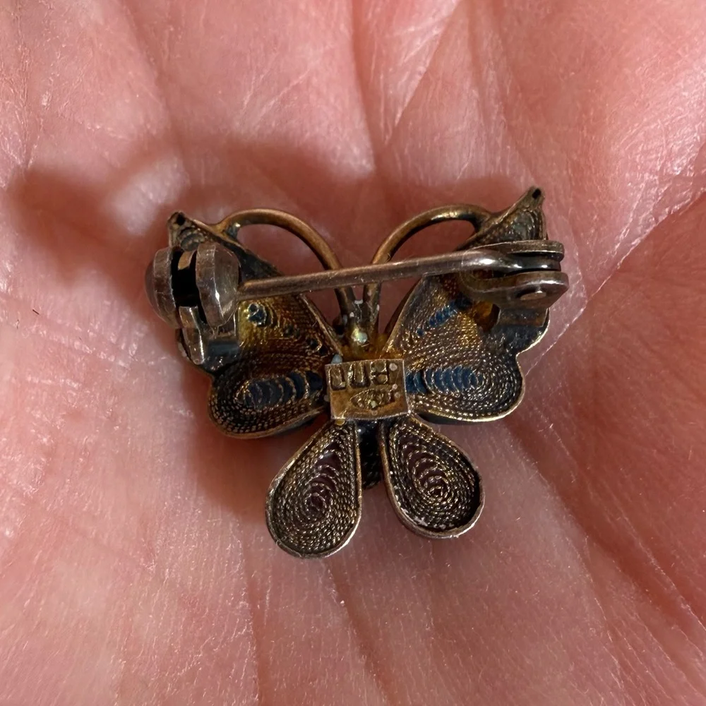 Antique 800 silver deco Filagree blue plique-a-jour Enamel tiny Butterfly brooch